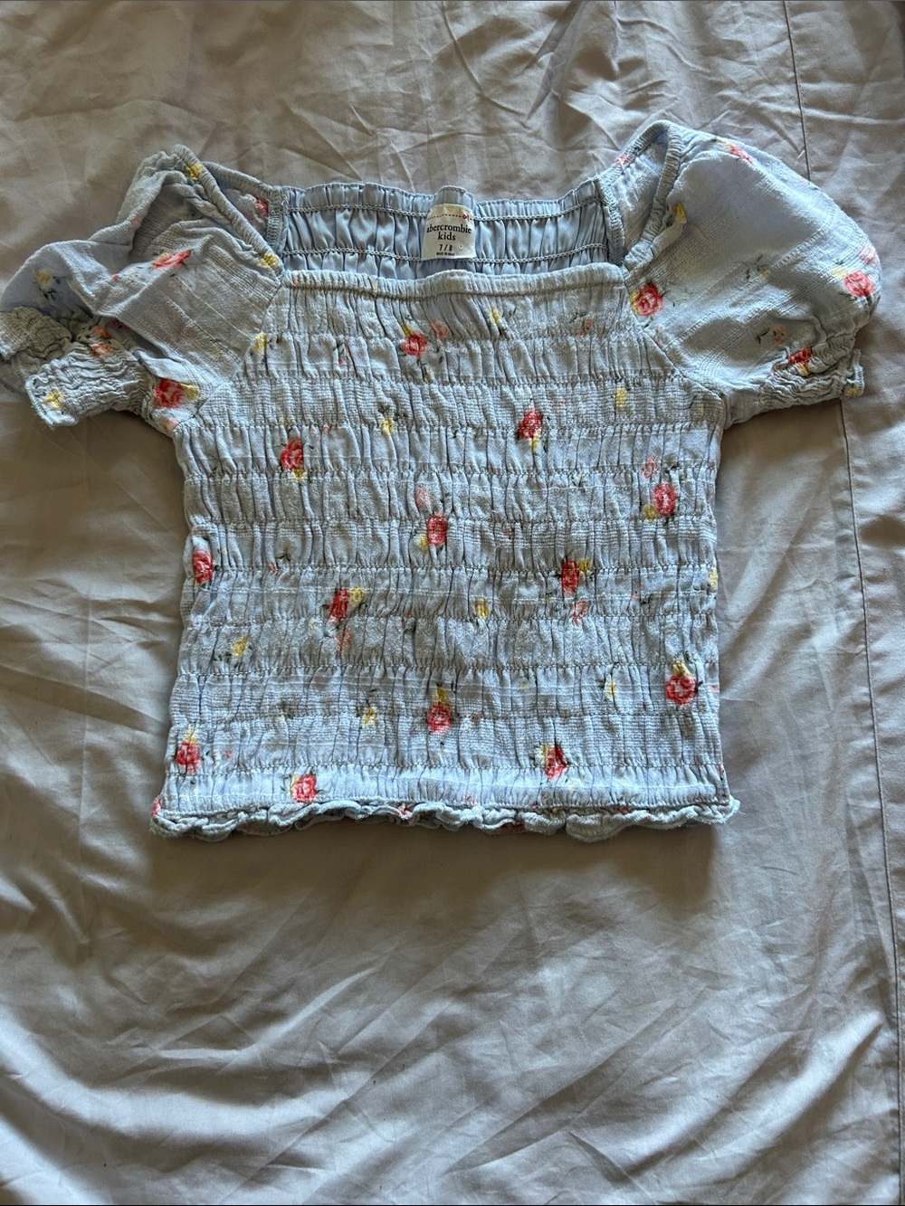 abercrombie kids light blue floral smocked puff sleeve top